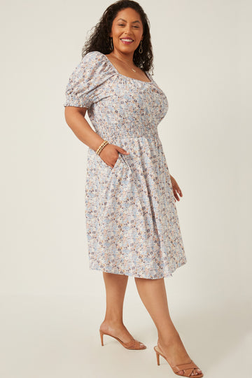 HY5848W Blue Plus Floral Print Smock Detail Puff Sleeve Mini Dress Full Body